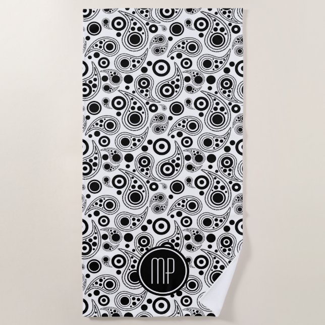 Personalised Black on White  paisley style pattern Beach Towel (Front)