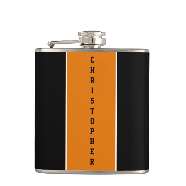 Personalised Black Orange Stripe Flask (Front)