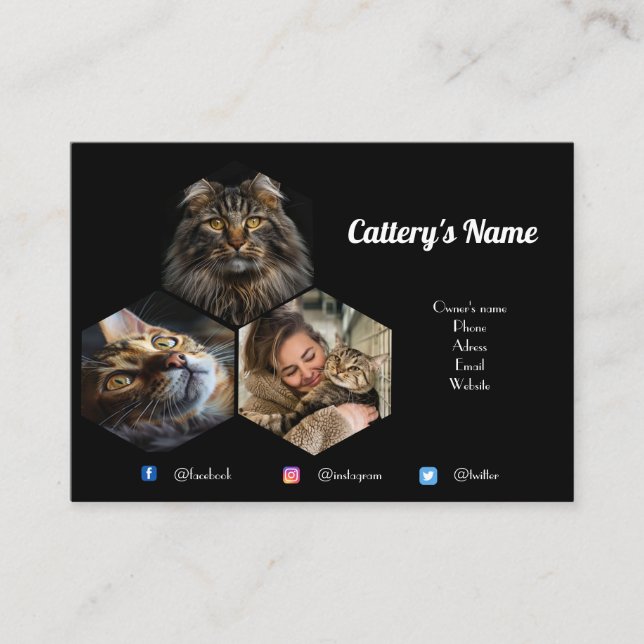 Personalised Black Photo Collage Cattery  Business Card (Front)