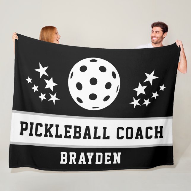 Personalised Black Pickleball Coach Name Fleece Blanket (In Situ)