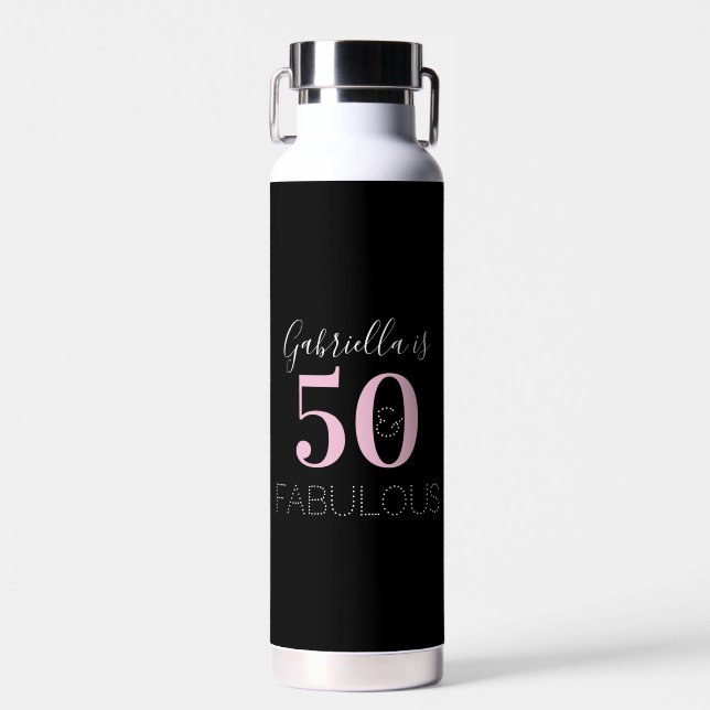 Personalised Black Pink 50th Birthday Party Favour Water Bottle (Front)