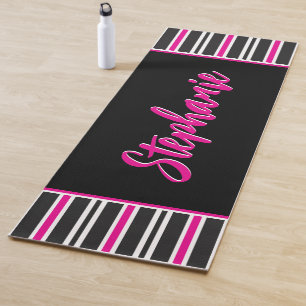 Personalised Black, Pink and White Stripes Yoga Mat