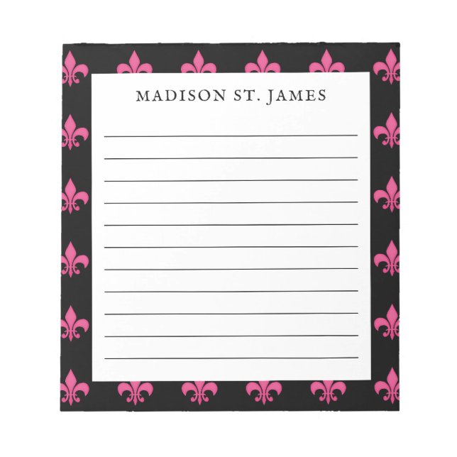 Personalised Black Pink Fleur De Lis Pattern Lined Notepad (Front)