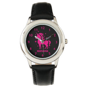 Personalised Black & Pink Girls Unicorn Wrist Watch