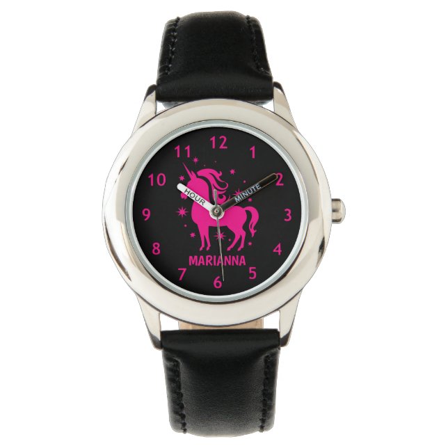 Personalised Black & Pink Girls Unicorn Wrist  Watch (Front)