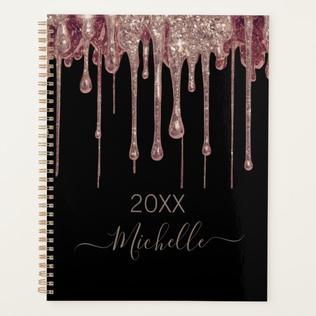 Personalised Black Pink Glitter Monogram Name 2025 Planner (Front)