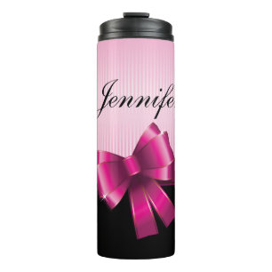 Personalised Black PINK GRADIENT Stripes PINK BOW Thermal Tumbler
