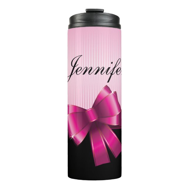 Personalised Black PINK GRADIENT Stripes PINK BOW Thermal Tumbler (Front)