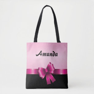 Personalised Black PINK GRADIENT Stripes PINK BOW Tote Bag