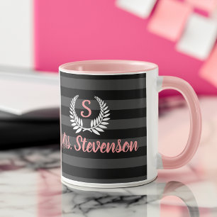 Personalised Black Pink Laurel Monogram Womens Mug