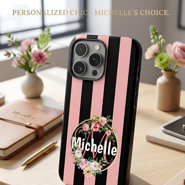 Personalised Black Pink Striped Floral Custom Name Case-Mate iPhone Case (Creator Uploaded)