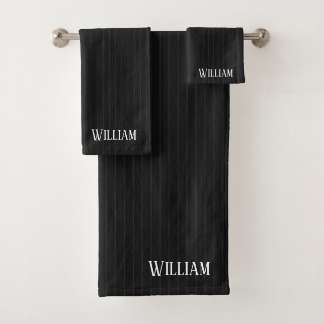 Personalised black pinstripes bath towel set (Insitu)