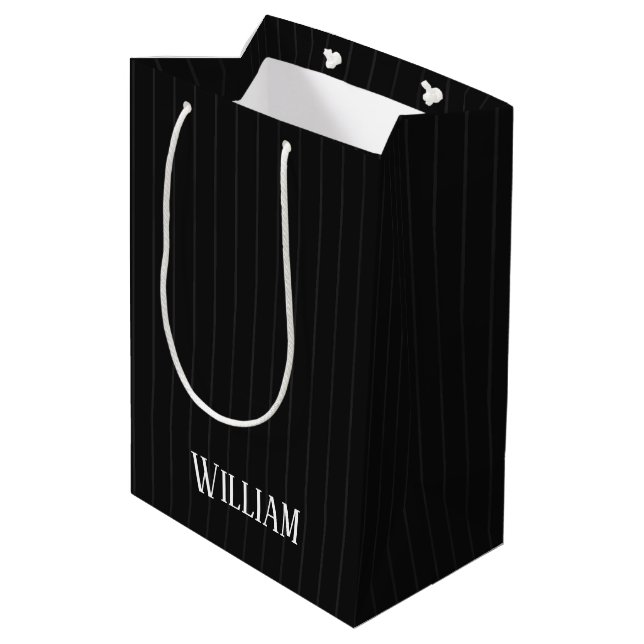 Personalised black pinstripes medium gift bag (Back Angled)