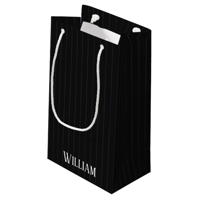 Personalised black pinstripes small gift bag (Back Angled)