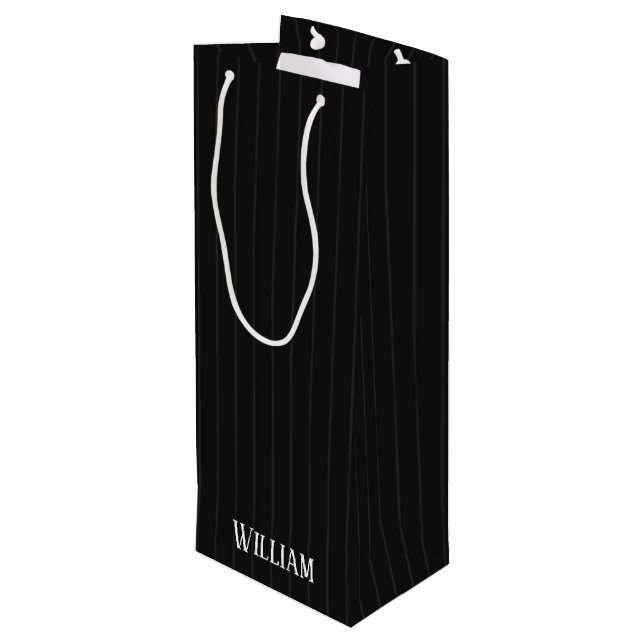 Personalised black pinstripes wine gift bag (Back Angled)