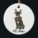 Personalised Black Pitbull Staffy Antlers Wreath Ceramic Tree Decoration<br><div class="desc">Make the nice list this year with an ornament of your favourite pitbull elf! For the sweetest gifts, pair it with a matching art print or another item from my collection for a thoughtful housewarming, bridal shower, teacher, mother-in-law, husband, boyfriend, secret santa, sympathy, or tough-to-shop-for gift! To see more work...</div>