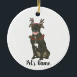 Personalised Black Pitbull Staffy Antlers Wreath Ceramic Tree Decoration<br><div class="desc">Make the nice list this year with an ornament of your favourite pitbull elf! For the sweetest gifts, pair it with a matching art print or another item from my collection for a thoughtful housewarming, bridal shower, teacher, mother-in-law, husband, boyfriend, secret santa, sympathy, or tough-to-shop-for gift! To see more work...</div>