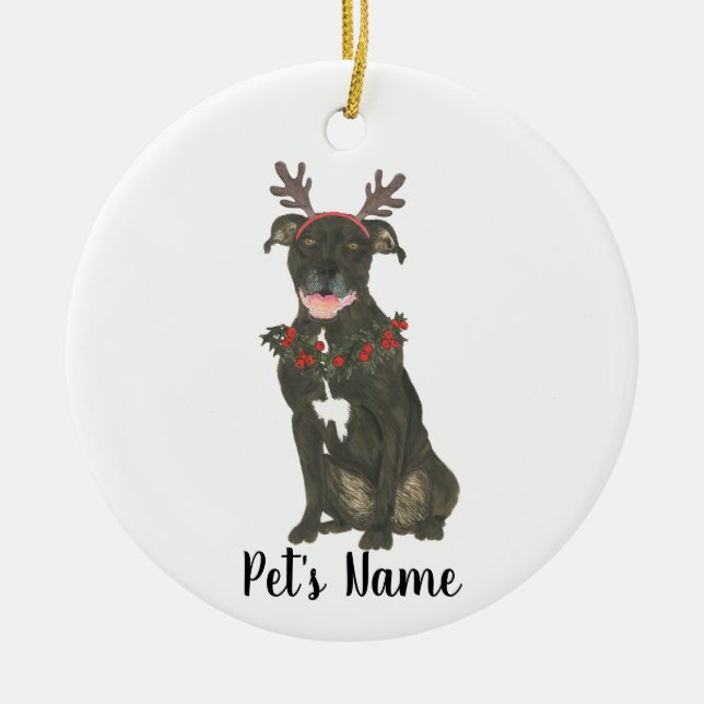 Personalised Black Pitbull Staffy Antlers Wreath Ceramic Tree Decoration (Front)