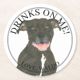Personalised Black Pitbull Staffy Dog Wedding Round Paper Coaster