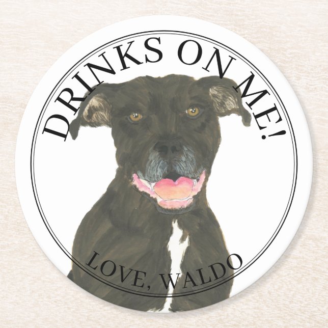 Personalised Black Pitbull Staffy Dog Wedding Round Paper Coaster (Front)