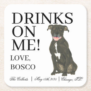 Personalised Black Pitbull Staffy Dog Wedding Square Paper Coaster