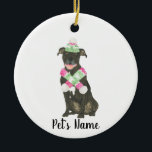 Personalised Black Pitbull Staffy Pink Green Hat Ceramic Tree Decoration<br><div class="desc">Make the nice list this year with an ornament of your favourite pitbull elf! For the sweetest gifts, pair it with a matching art print or another item from my collection for a thoughtful housewarming, bridal shower, teacher, mother-in-law, husband, boyfriend, secret santa, sympathy, or tough-to-shop-for gift! To see more work...</div>