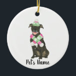Personalised Black Pitbull Staffy Pink Green Hat Ceramic Tree Decoration<br><div class="desc">Make the nice list this year with an ornament of your favourite pitbull elf! For the sweetest gifts, pair it with a matching art print or another item from my collection for a thoughtful housewarming, bridal shower, teacher, mother-in-law, husband, boyfriend, secret santa, sympathy, or tough-to-shop-for gift! To see more work...</div>