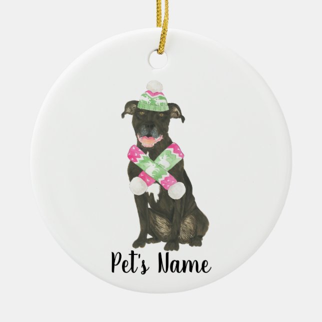 Personalised Black Pitbull Staffy Pink Green Hat Ceramic Tree Decoration (Front)