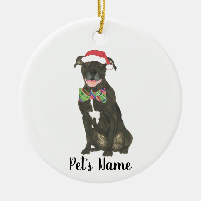 Personalised Black Pitbull Staffy Santa Hat Bowtie Ceramic Tree Decoration (Front)