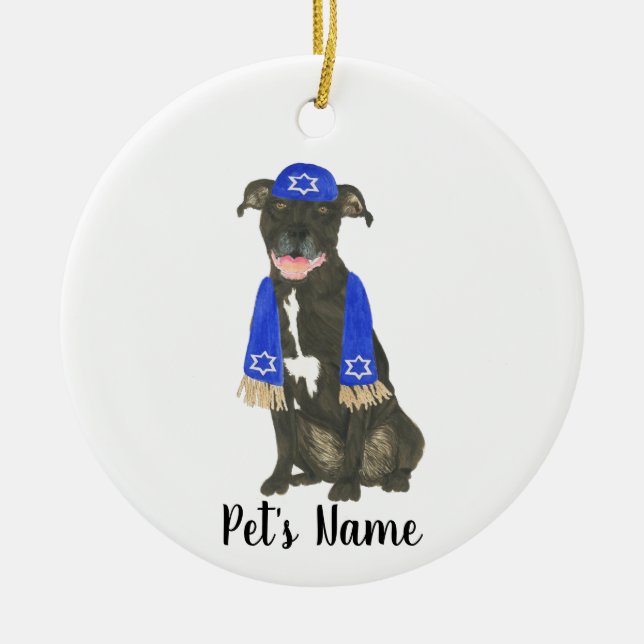 Personalised Black Pitbull Staffy Yarmulke Scarf Ceramic Tree Decoration (Front)