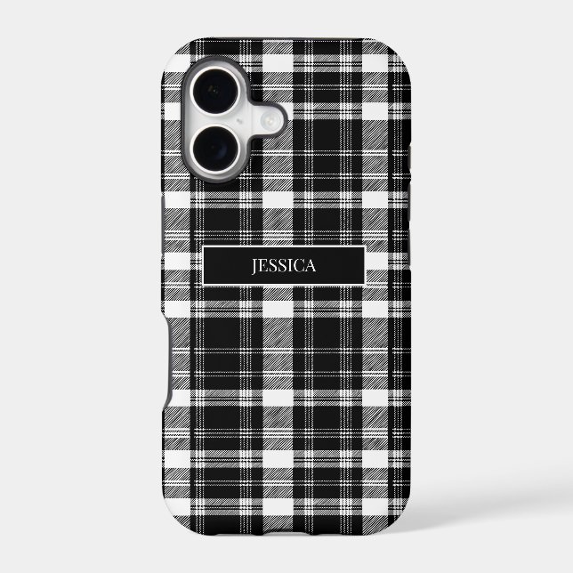 Personalised Black Plaid Pattern White Name Modern (Back)