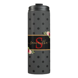 Personalised Black Polka Dot and Roses Monogrammed Thermal Tumbler
