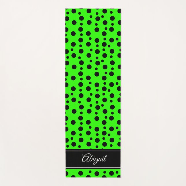 Personalised Black Polka Dot Lime Green Yoga Mat (Front)