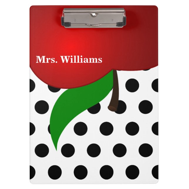 Personalised Black Polka Dot Red Apple Teacher Clipboard (Front)