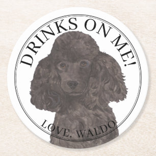 Personalised Black Poodle Dog Wedding Round Paper Coaster
