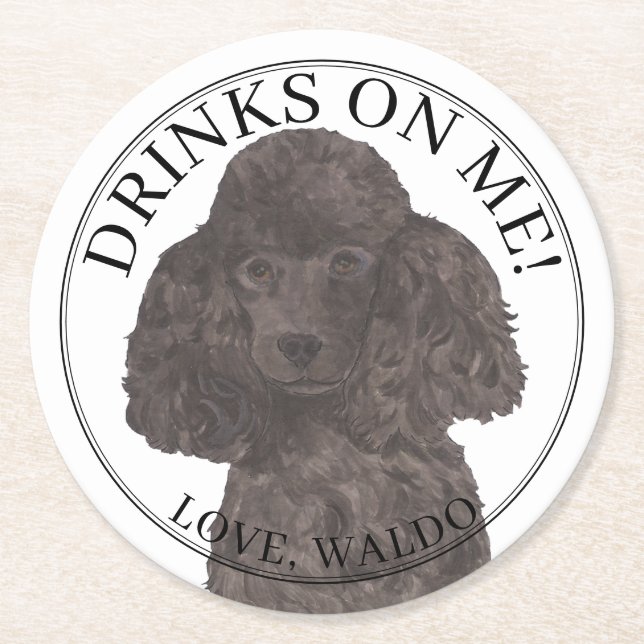 Personalised Black Poodle Dog Wedding Round Paper Coaster (Front)