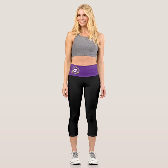 Personalised Black Purple Monogram Capri Leggings (Front)
