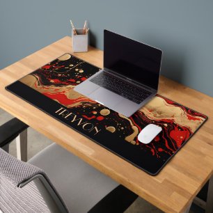 Personalised Black, Red, and Gold Pour Ink Desk Mat