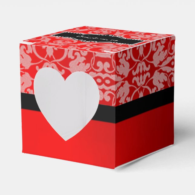 Personalised Black & Red Damask Heart Favour Box (Front Side)