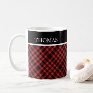 Personalised Black Red Gingham Custom Name Coffee Mug