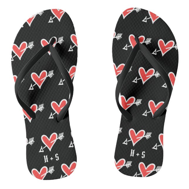 Personalised Black & Red Love Heart Flip Flops  (Footbed)