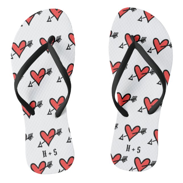 Personalised Black & Red Love Heart Flip Flops  (Footbed)