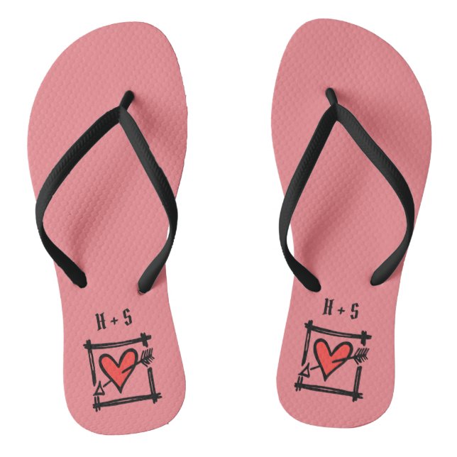 Personalised Black & Red Love Heart Flip Flops  (Footbed)