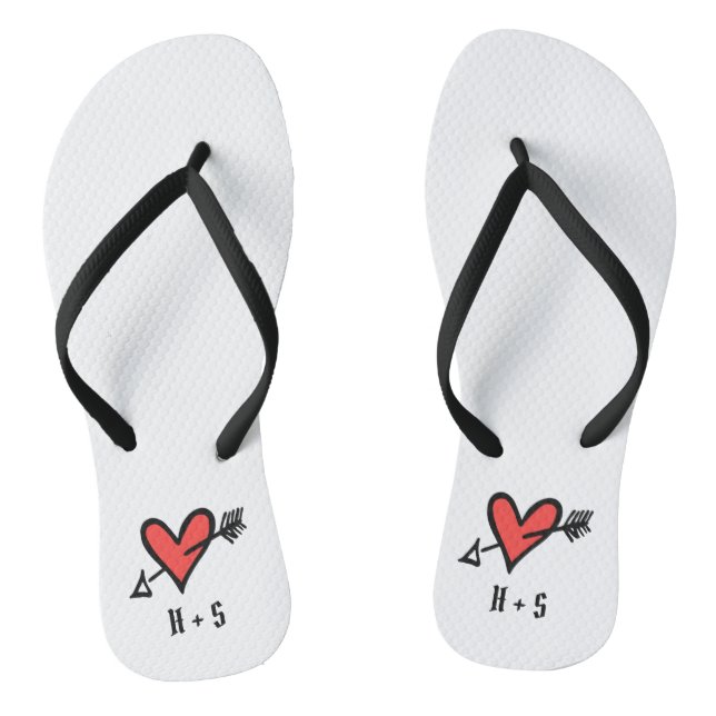 Personalised Black & Red Love Heart Flip Flops  (Footbed)