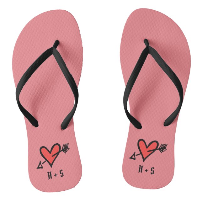Personalised Black & Red Love Heart Flip Flops  (Footbed)