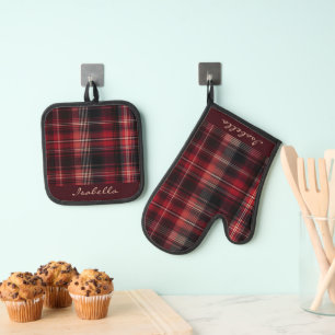 Personalised Black Red White Scottish Tartan  Oven Mitt & Pot Holder Set