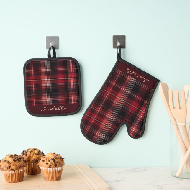Personalised Black Red White Scottish Tartan  Oven Mitt & Pot Holder Set (Insitu(Hanging))