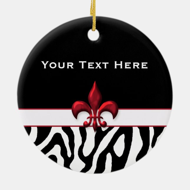 Personalised Black Red Zebra Fleur de Lis Ceramic Tree Decoration (Back)