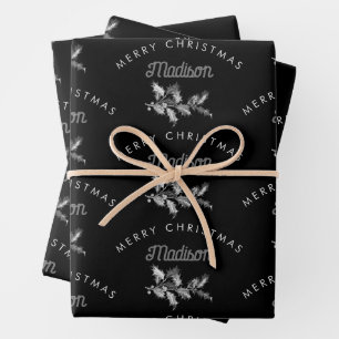 Personalised Black Retro Merry ChristmasMonogram Wrapping Paper Sheet
