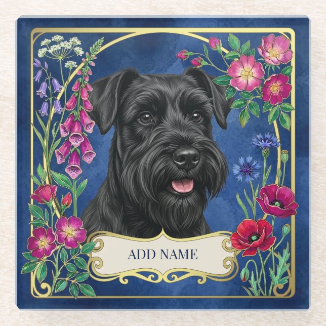 Personalised Black Schnauzer Blue Coaster (Front)